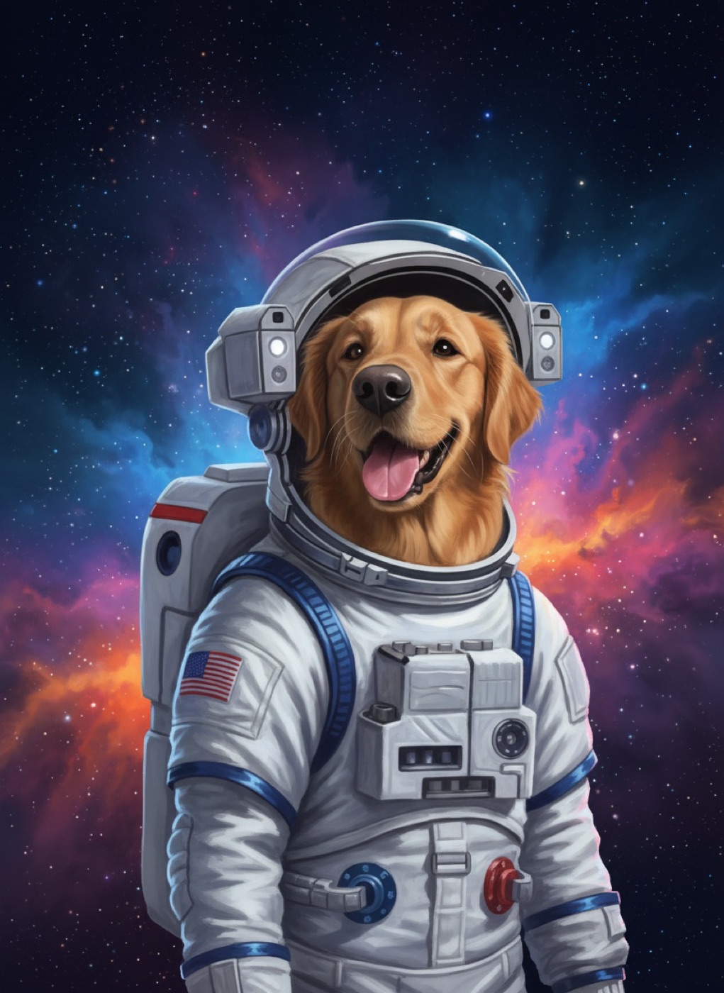 Sample Astronaut style portrait of Goldie, a golden retriever
