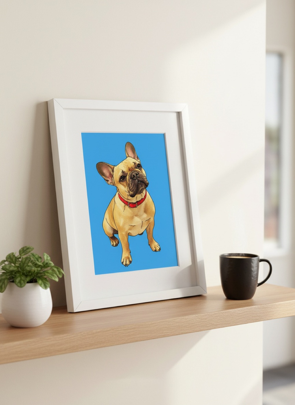 A pop art portrait of a French bulldog, framed on a shelf