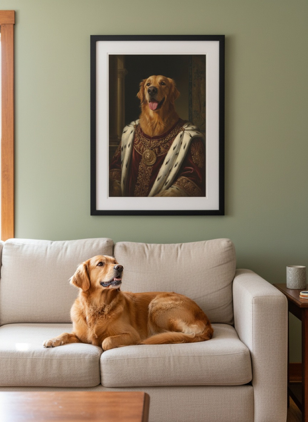 A framed royal portrait of a golden retriever hanging above a sofa, with the real dog lying on the sofa below it