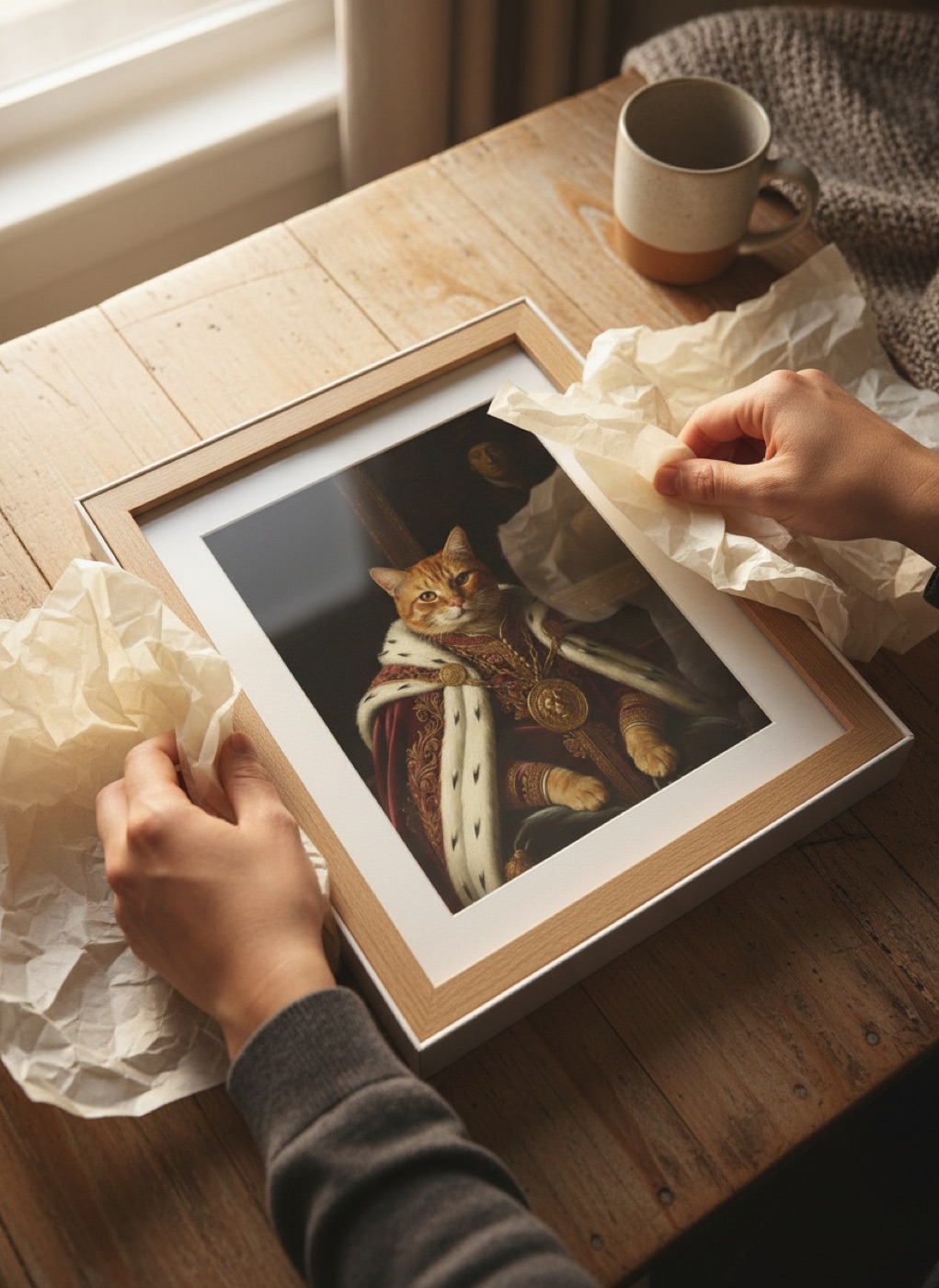Hands unwrapping a framed royal portrait of an orange cat from tissue paper